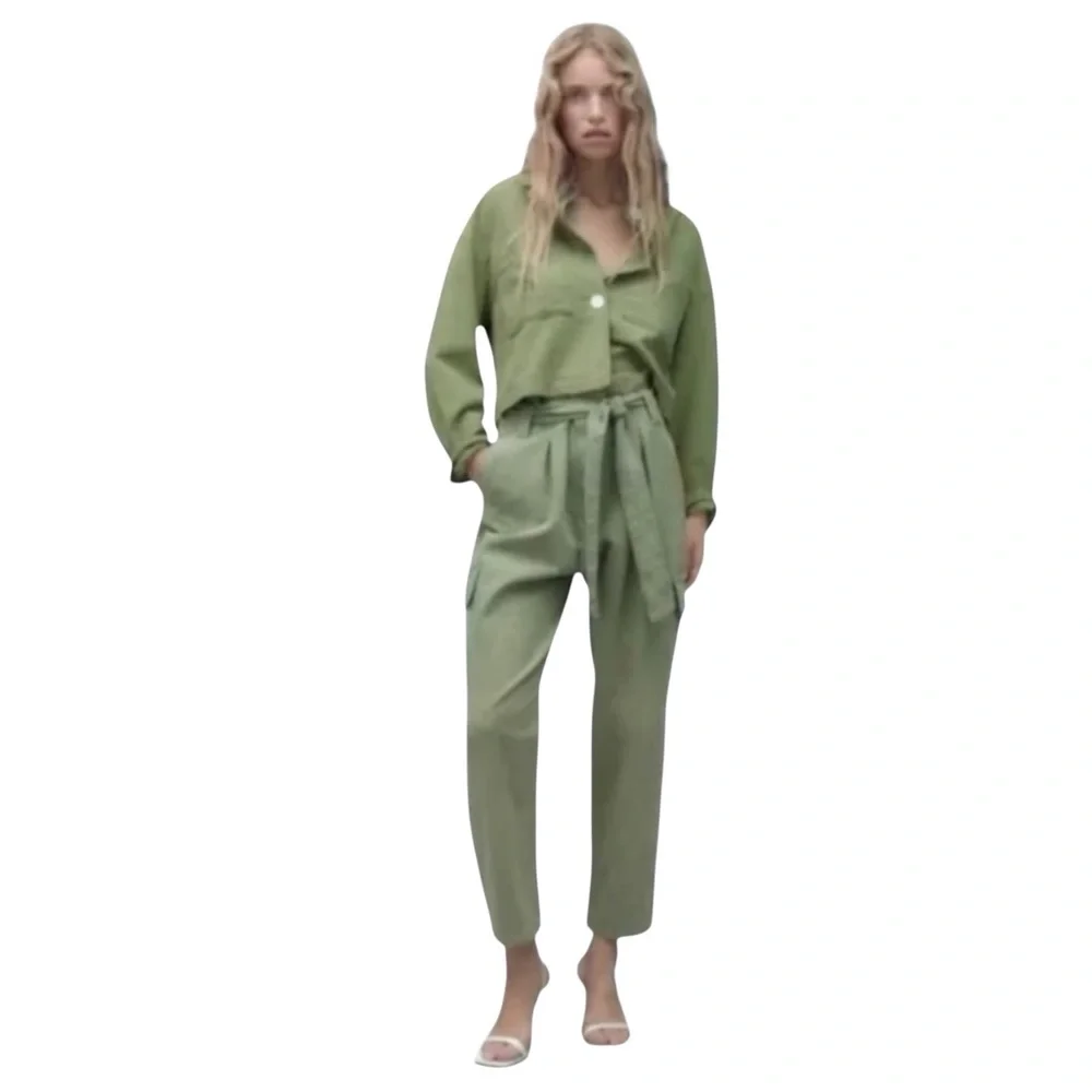 ZARA Paperbag High Waist Belted Cargo Pants in Army Green Size Large — WOW!!!